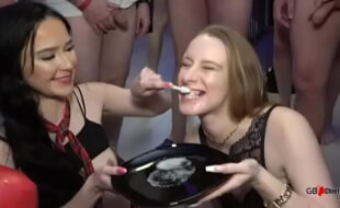 Bukkake cum play swallow eat session with two hot girls