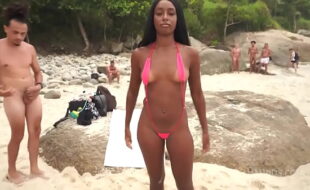 Cute Brazilian mulata, Jasminy Villar double penetrated by huge dicks at nude beach while people watching (Anal, DP, publ ...