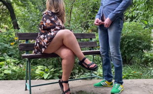 Man pissing on fat MILF's sexy legs